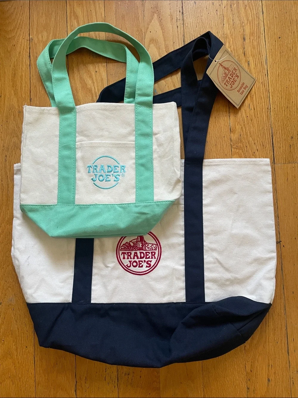 2 New Trader Joe’s Tote Bags Mini & Large Navy Teal small bag light blue Lot